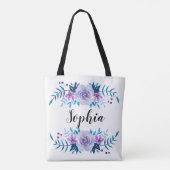 Waterverf Blauw Paarse Bloemenkrans Aangepaste Tek Tote Bag (Achterkant)