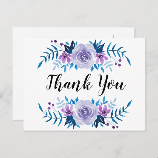 Waterverf Blauw Paarse bloemenkrans Dank u Briefkaart (Voorkant / Achterkant)