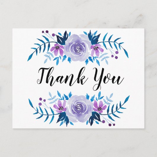 Waterverf Blauw Paarse bloemenkrans Dank u Briefkaart (Voorkant)