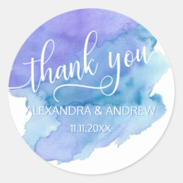 Waterverf Blauw Paarse Bruiloft DANK U Ronde Sticker