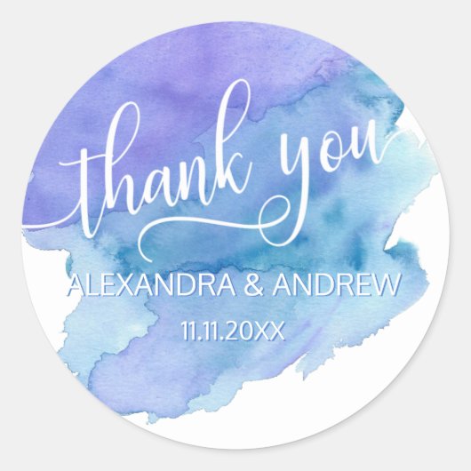 Waterverf Blauw Paarse Bruiloft DANK U Ronde Sticker (Voorkant)