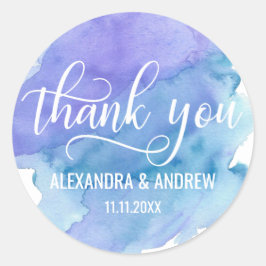 Waterverf blauw Paarse bruiloft dank u Ronde Sticker