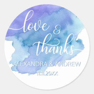 Waterverf Blauw Paarse Bruiloft Liefde & Bedankt Ronde Sticker