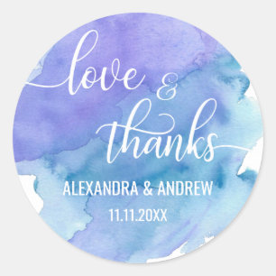 Waterverf Blauw Paarse Bruiloft Liefde & Bedankt Ronde Sticker