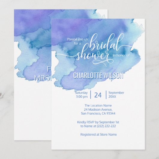 Waterverf Blauw Paarse Bruiloft Vrijgezellenfeest Kaart (Voorkant / Achterkant)