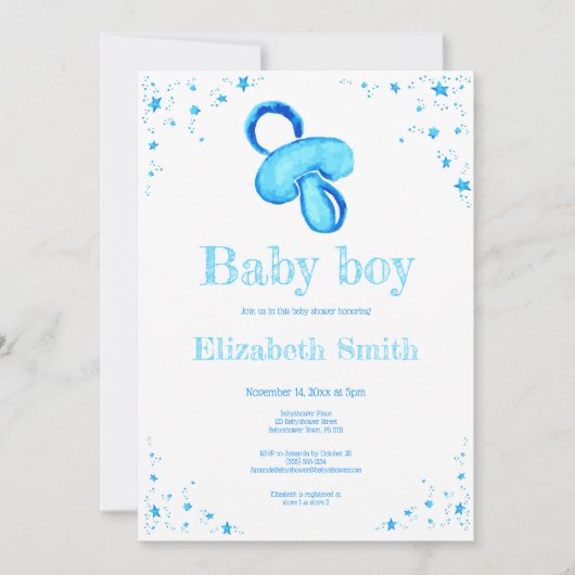 Waterverf blauw pacifier babydouche kaart (Voorkant)