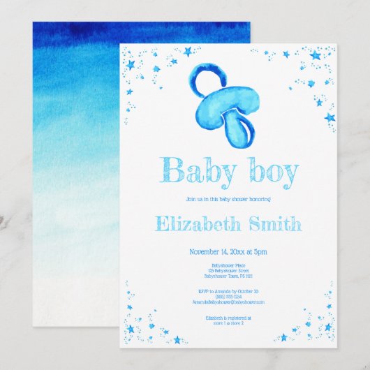 Waterverf blauw pacifier babydouche kaart (Voorkant / Achterkant)