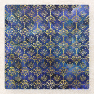 Waterverf Blauw Patroon met Goud Damast Glazen Onderzetter
