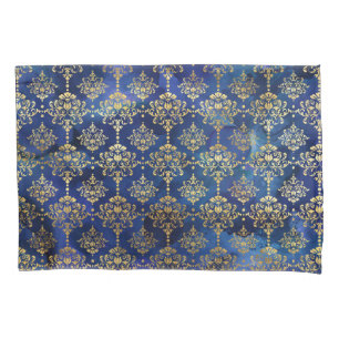 Waterverf Blauw Patroon met Goud Damast Kussensloop
