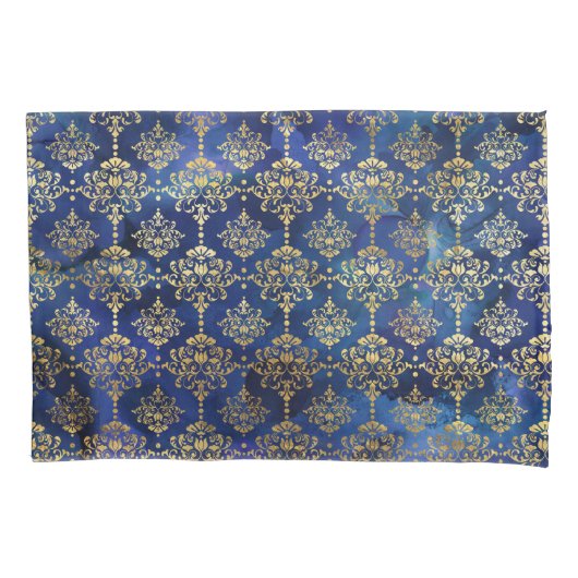 Waterverf Blauw Patroon met Goud Damast Kussensloop (Voorkant)