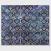 Waterverf Blauw Patroon met Gouden Damast Cadeaupapier (Vlak)