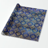 Waterverf Blauw Patroon met Gouden Damast Cadeaupapier (Uitgerold)