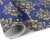 Waterverf Blauw Patroon met Gouden Damast Cadeaupapier (Rol Hoek)