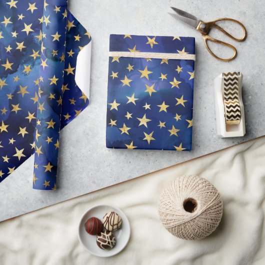 Waterverf Blauw Patroon met Gouden Sterren Cadeaupapier (Crafts)
