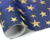 Waterverf Blauw Patroon met Gouden Sterren Cadeaupapier (Rol Hoek)