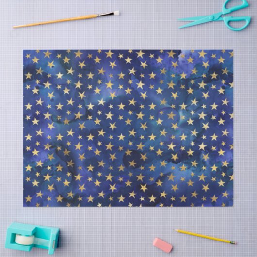 Waterverf Blauw Patroon met Gouden Sterren Tissuepapier (Craft)