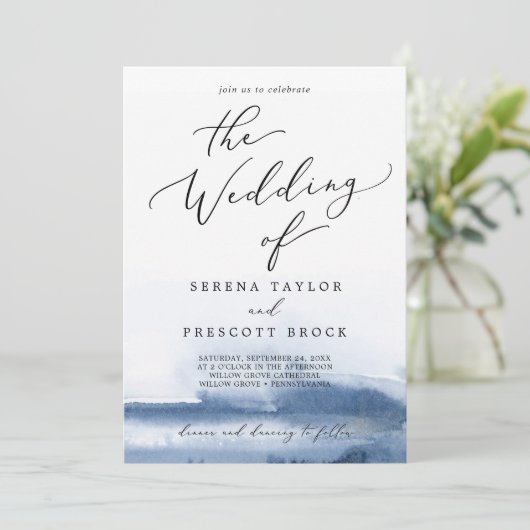 Waterverf Blauw QR-code Details bruiloft Kaart (Staand voorkant)