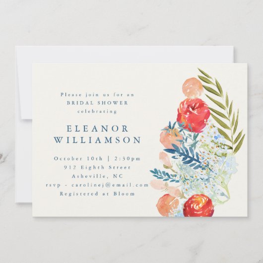  Waterverf Blauw Rood Bloemen Vrijgezellenfeest Kaart (Voorkant)