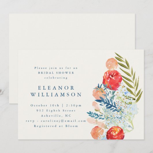  Waterverf Blauw Rood Bloemen Vrijgezellenfeest Kaart (Voorkant / Achterkant)