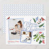 Waterverf blauw rood vrolijk kerstfeest twee foto' feestdagenkaart (Voorkant / Achterkant)