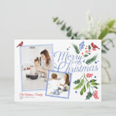 Waterverf blauw rood vrolijk kerstfeest twee foto' feestdagenkaart (Staand voorkant)