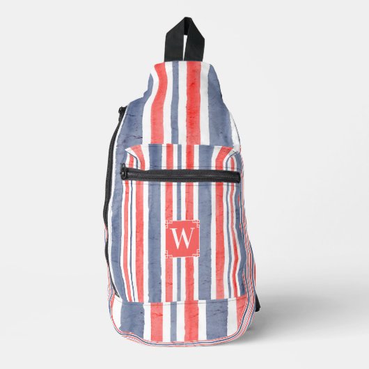 Waterverf Blauw Rood Wit Strepen, USA Style Sling Bag (Voorkant)