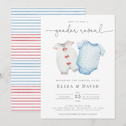 Waterverf Blauw Roze Babykleding Geslacht Onthulli Kaart (Voorkant / Achterkant)