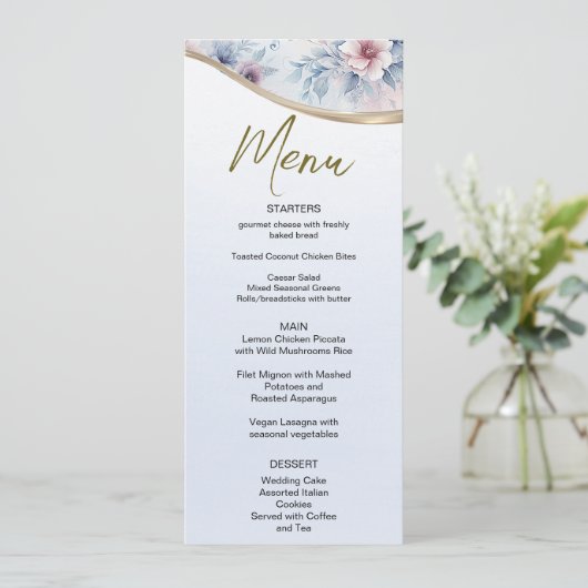 Waterverf Blauw Roze Bloemen Bruiloft Menu (Staand voorkant)