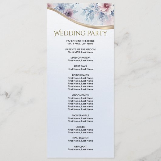 Waterverf Blauw Roze Bloemen Bruiloft Programma Programmakaart (Achterkant)