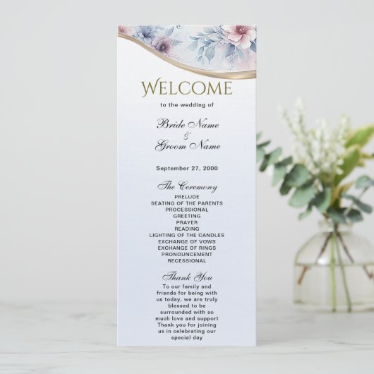 Waterverf Blauw Roze Bloemen Bruiloft Programma Programmakaart (Staand voorkant)