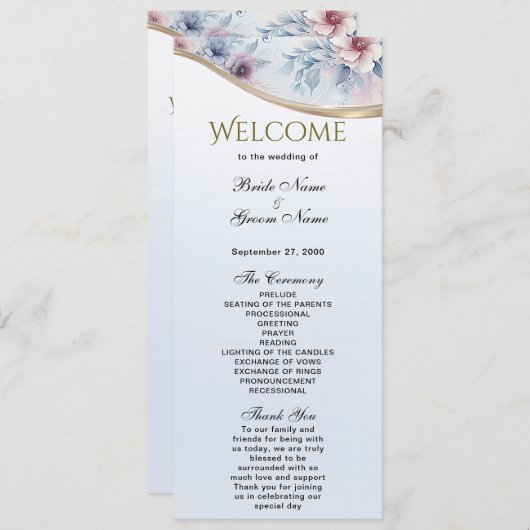 Waterverf Blauw Roze Bloemen Bruiloft Programma Programmakaart (Voorkant / Achterkant)