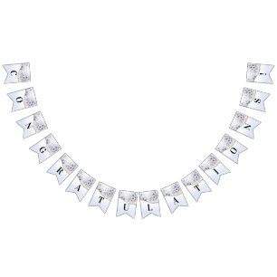 Waterverf Blauw Roze Bloemen Bunting Flag Vlaggetjes