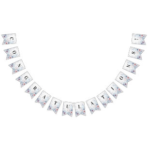 Waterverf Blauw Roze Bloemen Bunting Flag Vlaggetjes