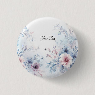 Waterverf Blauw Roze Bloemen Button