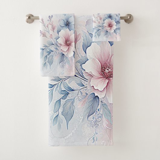 Waterverf Blauw Roze Bloemen Handdoek Set (Insitu)