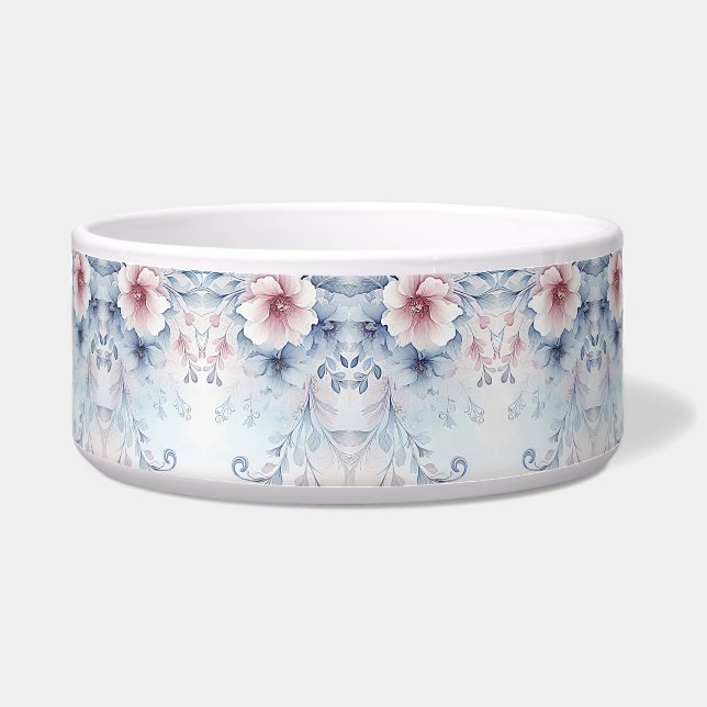 Waterverf Blauw Roze Bloemen Keramische Pet Bowl Voerbakje (Voorkant)