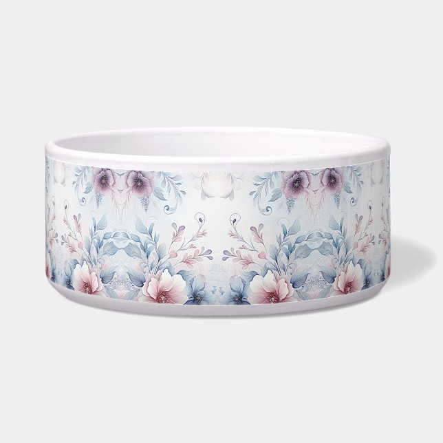 Waterverf Blauw Roze Bloemen Keramische Pet Bowl Voerbakje (Voorkant)
