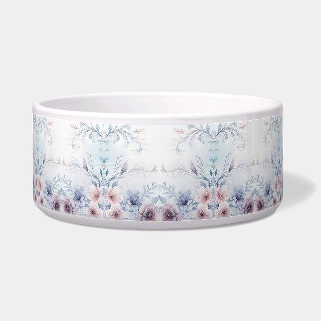 Waterverf Blauw Roze Bloemen Keramische Pet Bowl Voerbakje (Voorkant)