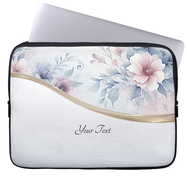 Waterverf Blauw Roze Bloemen Laptop Sleeve (Voorkant)
