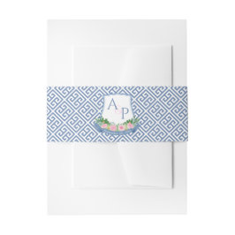 Waterverf Blauw Roze Bloemen Monogram Trouwkam Uitnodigingen Wikkel