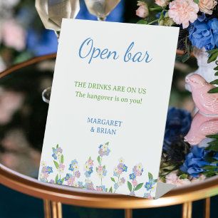 Waterverf Blauw & Roze Bloemen Open Bar Trouwen Reclamebord Met Voetstuk