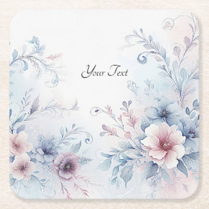 Waterverf Blauw Roze Bloemen Papier Onderzetter