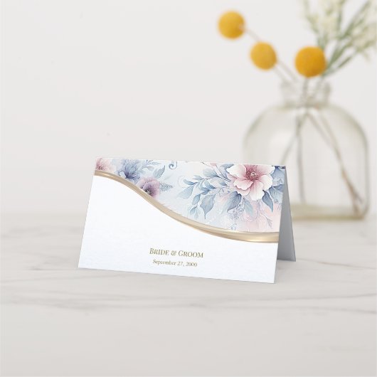 Waterverf Blauw Roze Bloemen Place Card Plaatskaartje (Achterkant)