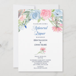 Waterverf Blauw Roze Bloemen repetitie diner Kaart