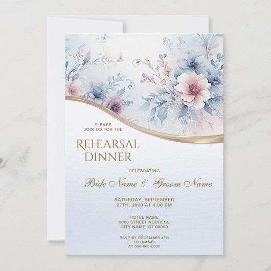 Waterverf Blauw Roze Bloemen repetitie diner Kaart (Voorkant)