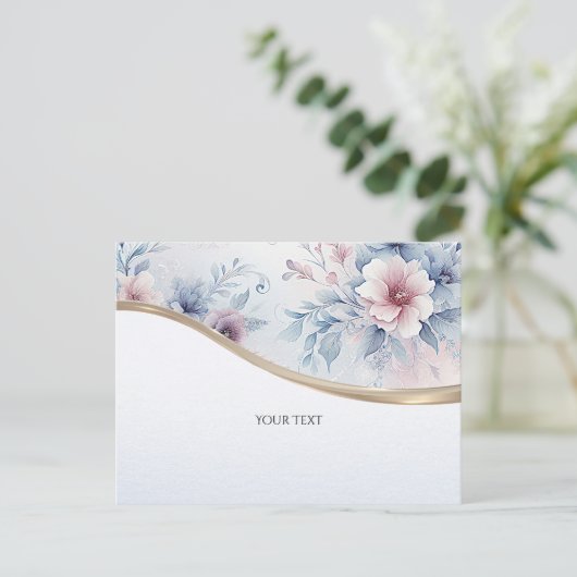 Waterverf Blauw Roze Bloemige Postkaart (Staand voorkant)