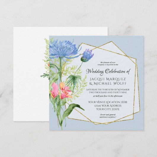 Waterverf Blauw Roze Elegante Bloemen n Varen Trou Kaart (Voorkant / Achterkant)