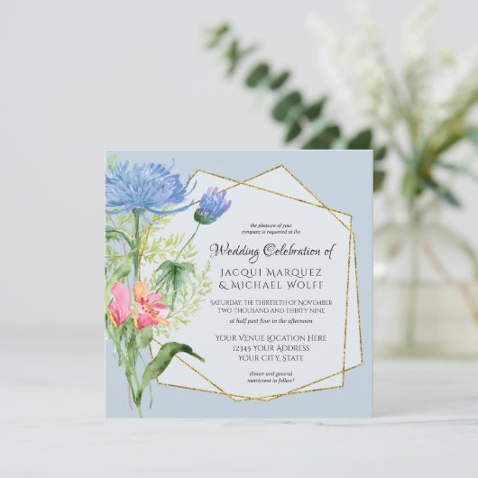 Waterverf Blauw Roze Elegante Bloemen n Varen Trou Kaart (Staand voorkant)