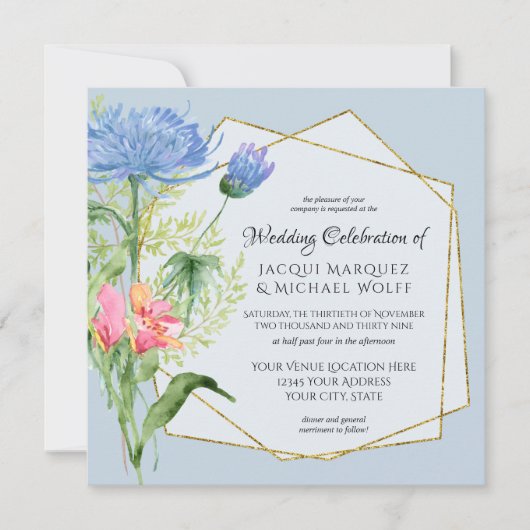 Waterverf Blauw Roze Elegante Bloemen n Varen Trou Kaart (Voorkant)