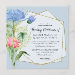 Waterverf Blauw Roze Elegante Bloemen n Varen Trou Kaart